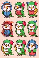 Cartoon parrot characters in different outfits vector