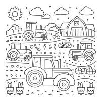 A coloring page with farm animals and tractors vector