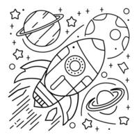 A coloring page with a rocket and planets vector