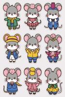 A set of mouse stickers with different outfits vector