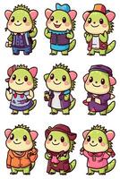 A set of cartoon characters with different outfits vector