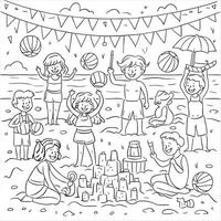 A coloring page with children playing on the beach vector