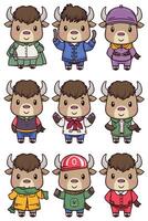 A set of cartoon buffalo characters in different clothes vector