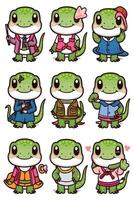 A cartoon lizard with different outfits and poses vector