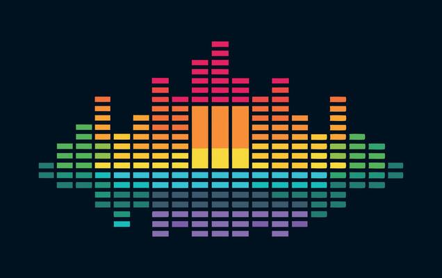 A rainbow colored equalizer icon on a black background