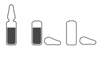 Set of lineart medical ampoule icons, close and open with liquid for injection vector