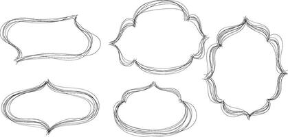 Hand drawn doodle frames. Set of outline banners in pencil style. Complex shape. Oriental windows, mosque dome and lanterns. Deliberately careless asymmetrical contour. vector