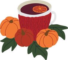 Flat hand drawn composition. cup with hot drink with pumpkin with leaves around. Orange slice is in mug. Knitting case on vessel. Isolated autumn decoration. vector