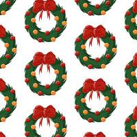 Seamless pattern of Christmas wreath with red bows and colorful ornament in flat style. Ideal for holiday wrapping paper, textile or festive decoration project with a traditional seasonal theme. vector