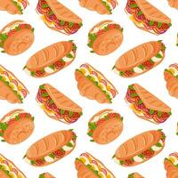 Various sandwiches seamless pattern, croissant, bagel and sub in flat style. Perfect for food related design, menu, restaurant decor and food packaging. White background. vector