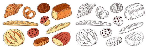 Big Bakery food set in line art style. Bread, pastry, croissant, baguette, pretzel, loaf, muffin, cookie. Design for restaurant, packaging, menu, cafe design. vector