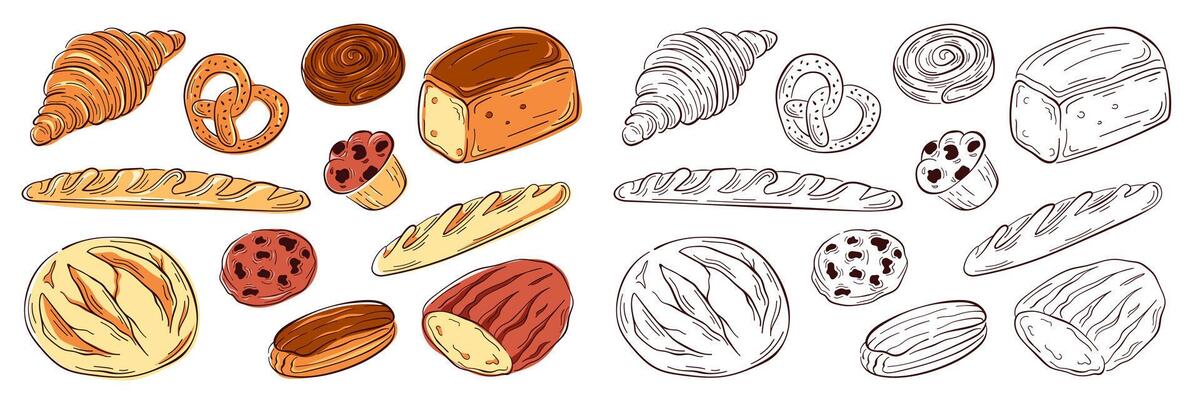 Big Bakery food set in line art style. Bread, pastry, croissant, baguette, pretzel, loaf, muffin, cookie. Design for restaurant, packaging, menu, cafe design.