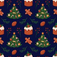 Seamless Christmas pattern with decorated tree, gingerbread cookie, cake, pine cone on dark background. Perfect for holiday design, gift wrapping and festive decor. Cartoon style. vector