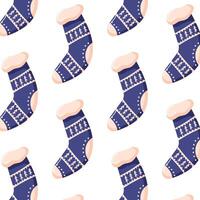 Seamless pattern with cozy Christmas socks in blue with festive tree and geometric designs. Flat style. Ideal for holiday wrapping, textiles or seasonal decorations in a cute winter theme. vector