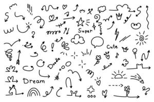 Doodle arrow set, cute heart, arrow, star, sparkle decoration symbol set icon. Simple sketch line. White background vector
