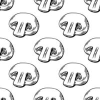 Seamless pattern, sketch of champignon mushroom,cut, piece engraving . black and white line drawing by hand vector