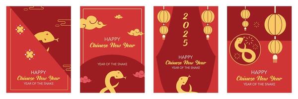 Lunar new year, Chinese new year 2025 and year of the Snake Vertical set with Chinese zodiac Snake symbol illustration in red background, geometric design for cover, card, poster, banner, flyer, web. vector