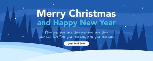 Creative Merry Christmas and Happy New Year flat template with tree, snow illustration and abstract background for seasonal sale banner, greeting card, poster, cover, web, social media post, flyer vector