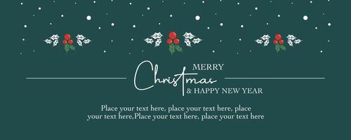 Merry christmas and happy new year mininalist greeting with beries, leaves and snow element on green horizontal background good for sale, advertisement promotion, card, gift, poster, flyer and banner. vector