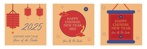 Lunar new year, Chinese new year 2025 and year of the Snake template set with zodiac snake and lantern symbol illustration in brown background for social media, cover, card, poster, banner, flyer, web vector