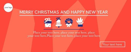 Merry christmas and happy new year mininalist greeting with gift, bell, gloves and wreath element on red abstract background good for sale, advertisement, promotion, card, poster, flyer and banner. vector