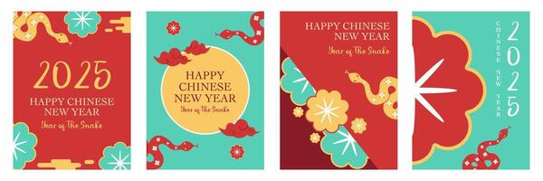 Lunar new year, Chinese new year 2025 and year of the Snake template set with zodiac snake and cloud symbol illustration in red background, geometric design for cover, card, poster, banner, flyer, web vector