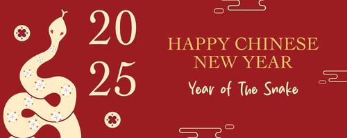Lunar new year concept, Chinese new year 2025 and year of the Snake with Chinese zodiac Snake and abstract symbol illustration in red background, geometric design for card, poster, banner, flyer, web. vector