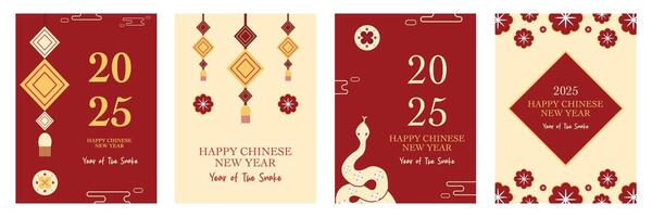 Lunar new year, Chinese new year 2025 and year of the Snake template set with zodiac snake and flower symbol illustration in red background, geometric cover design, card, poster, banner, flyer, web vector