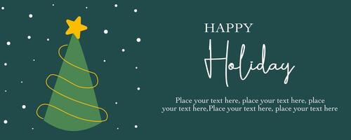 Trendy Merry christmas and happy new year mininalist greeting with tree and snow element on green horizontal background good for sale, advertisement promotion, card, gift, poster, flyer and banner. vector