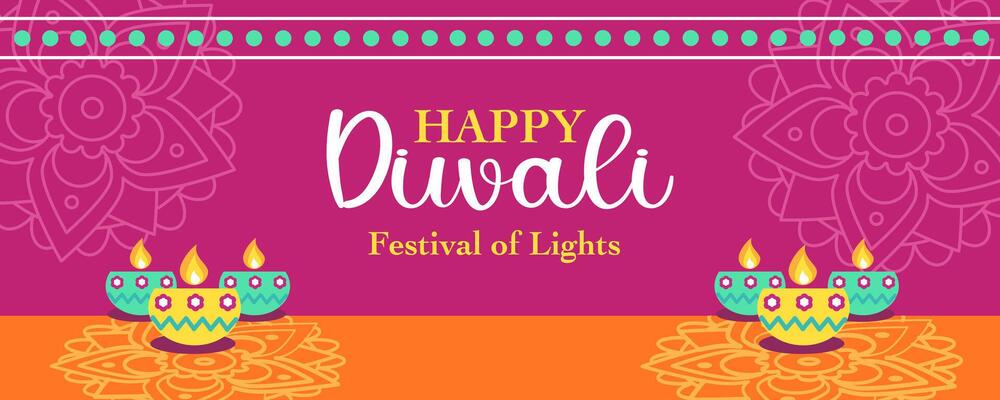 Diwali Hindu festival of lights template with rangoli and oil lamps purple background decoration for branding, social media, greeting card, web banner, cover, flyer or poster