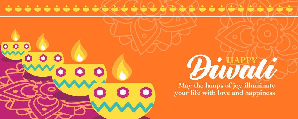 Diwali Hindu festival of lights template design with rangoli, oil lamps and orange background decoration for branding, social media, greeting card, web banner, cover, flyer or poster