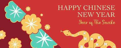 Lunar new year, Chinese new year 2025 and year of the Snake with Chinese snake zodiac and flower symbol illustration in red minimal background, geometric design for card, poster, banner, flyer, web. vector
