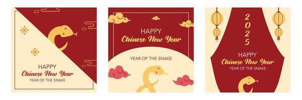 Lunar new year, Chinese new year 2025 and year of the Snake square set with Chinese zodiac Snake symbol illustration in red background, geometric design for cover, card, poster, banner, social media. vector