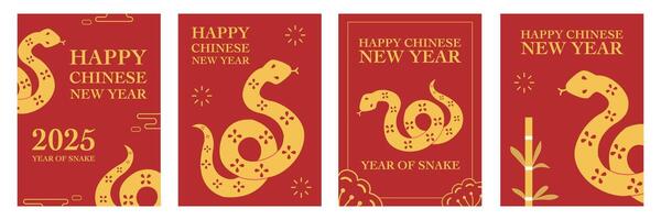 Lunar new year concept, Chinese new year 2025 and year of the Snake set with Chinese zodiac Snake symbol illustration in red background, geometric design for cover, card, poster, banner, flyer, web. vector