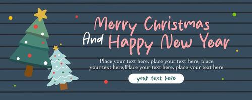 Merry Christmas and Happy New Year flat cute cartoon greeting template with tree illustration, lettering and abstract background design for holiday invitation, card, poster, cover, banner, flyer, web vector