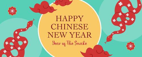 Lunar new year, Chinese new year 2025 and year of the Snake with Chinese snake zodiac and cloud flat illustration in turquoise minimal background, geometric design for card, poster, banner, flyer, web vector
