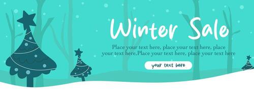 Horizontal Winter season christmas illustration template with tree and snow element on green background good for banner, poster, greeting card, sale or advertisement, social media, cover and flyer vector