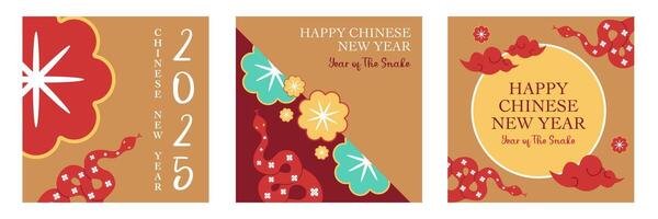 Lunar new year, Chinese new year 2025 and year of the Snake template set with zodiac snake and flower symbol illustration in brown background for social media, cover, card, poster, banner, flyer, web vector