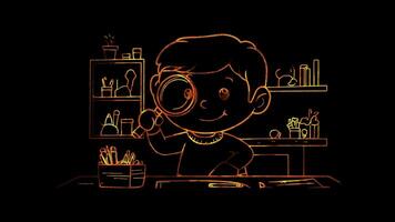 Neon frame effect, Magnifying Glass Symbolizes research or investigation on black background video