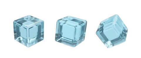 3d render ice cube set. three dimensional illustration of transparent clean frost liquid. Cool crystal for alcohol cocktail, drinks, beverage or soda. Freezing realistic blue rectangle element vector