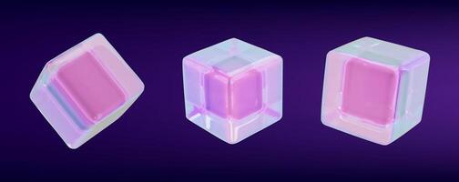 3d render glass neon cube set. Glossy crystal design collection rectangle shape. Contemporary glassmorphism. illustration realistic neon prism. Gradient geometric box hologram effect y3k style vector