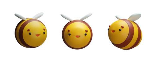 3d rendering striped bee collection. Cute yellow insect set. Animal character for eco wax product. Bubble honeybee mascot. illustration in cartoon style. Plasticine Stylized wasp with wings. vector