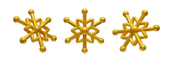 3d render set of gold snowflake. Three-dimensional Merry Christmas collection decoration. illustration for New Year holiday. Realistic ice weather crystal flake shape. Metallic Snow symbol vector