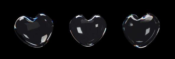 3d render glossy heart collection. three-dimensional illustration set. Abstract shape of glasses. Realistic crystal valentine element with rainbow gradient. Hologram diamond refraction prism. vector