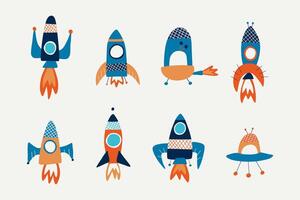 Bundle with cartoon space rockets and UFO. Set of spaceships in childish style. Background for stickers, icons, decor, covers. vector