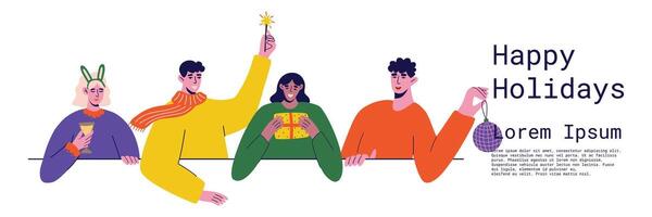 Merry Christmas and happy new year banner for web page. Woman and Man have a good time with colleagues celebrating. Cartoon illustration vector