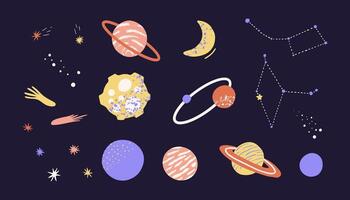 Bundle of planet, star, moon, asteroid, constellation. Set of cartoon abstract cosmic objects in outer space. Childish illustration for sticker, postcard, decor, t-shirt, cover, label. vector