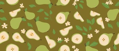 Hand drawn bright abstract fruit pear pattern with plant parts and sliced food. Cute background with fruits. vector