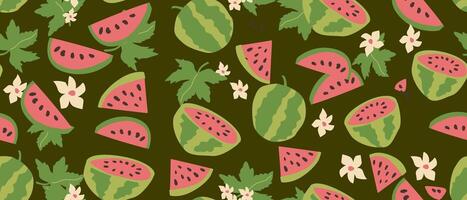 Hand drawn abstract watermelon pattern with plant parts and sliced food. Cute background with fruits. vector