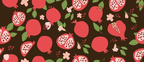 Hand drawn abstract pomegranate pattern with plant parts and sliced food. Cute background with fruits. vector